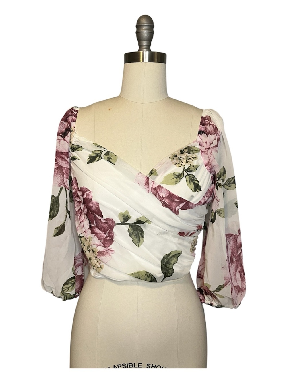 Floral Wrap Crop Peasant Blouse in White and Mauve